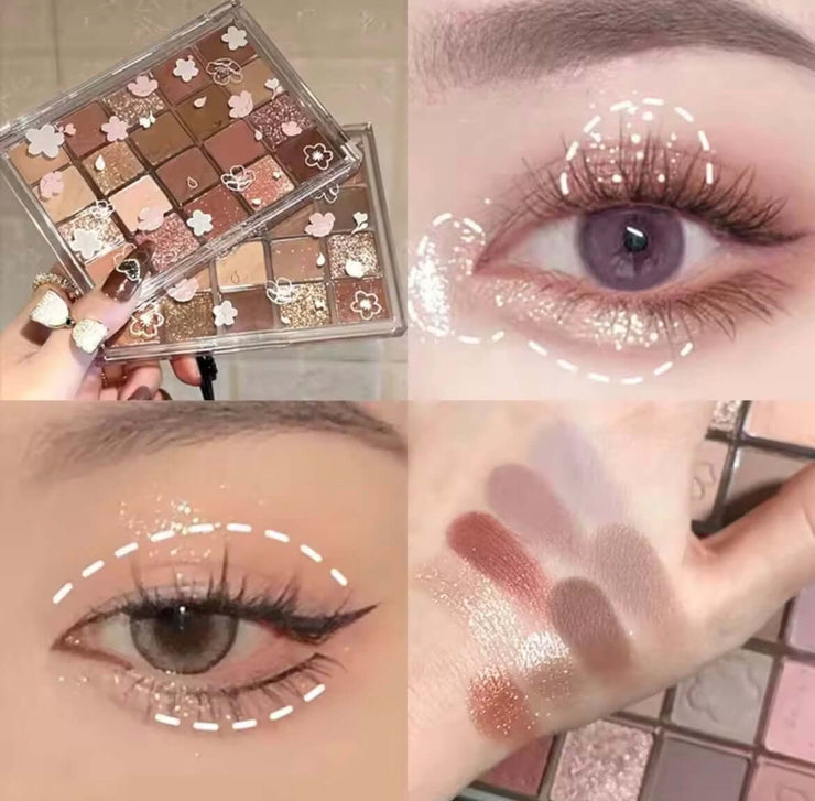 Palette de Maquillage featuring vibrant colors, swatches, and elegant eye makeup looks.